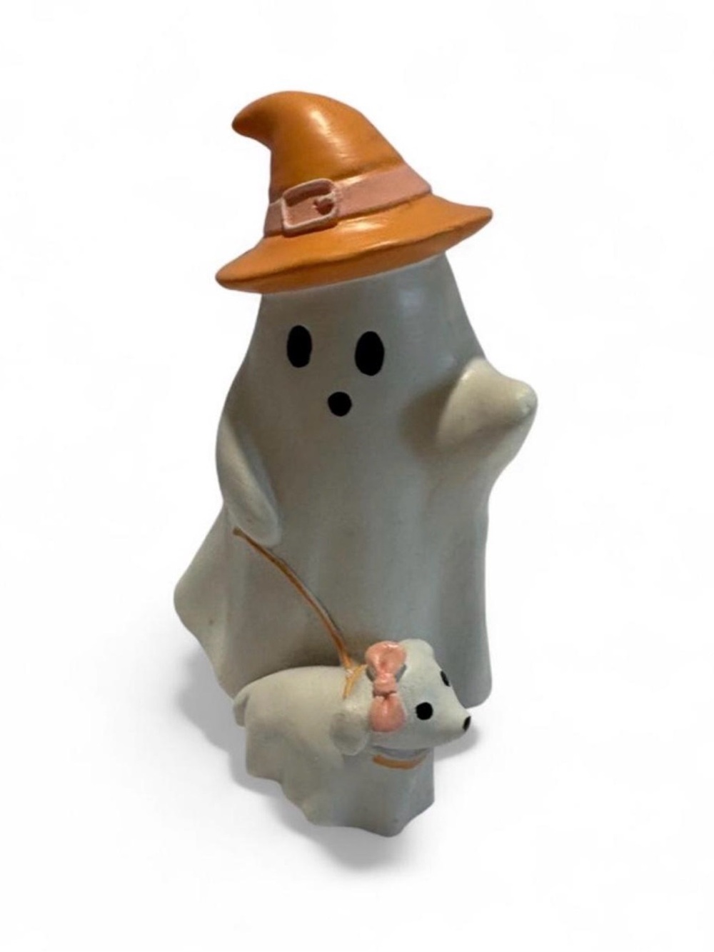 Halloween Ghost Figurine with Orange Witch Hat and Puppy Accent